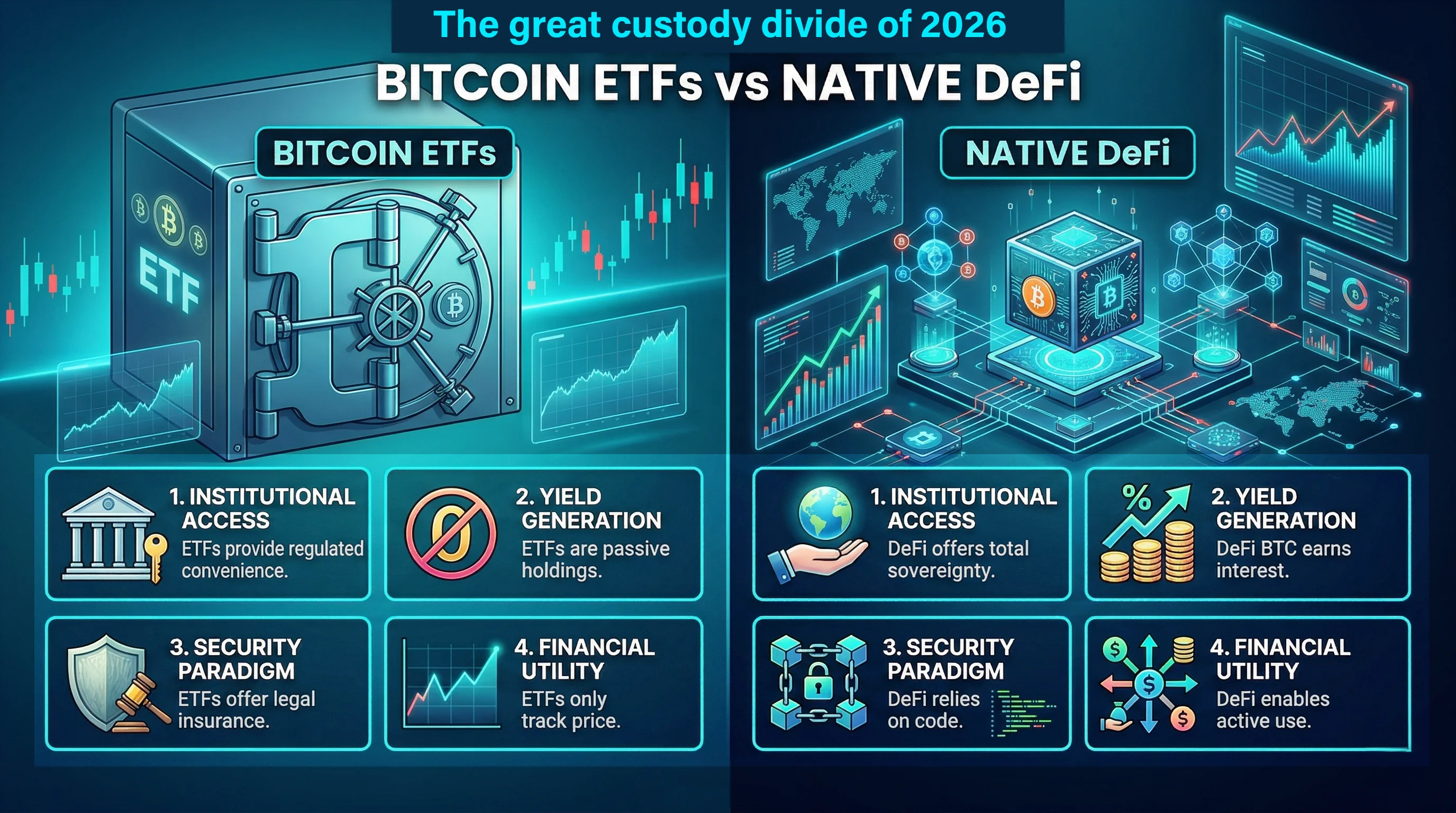 Bitcoin and DeFi comparison graphic illustrating the custody divide in digital assets as of March 2026.