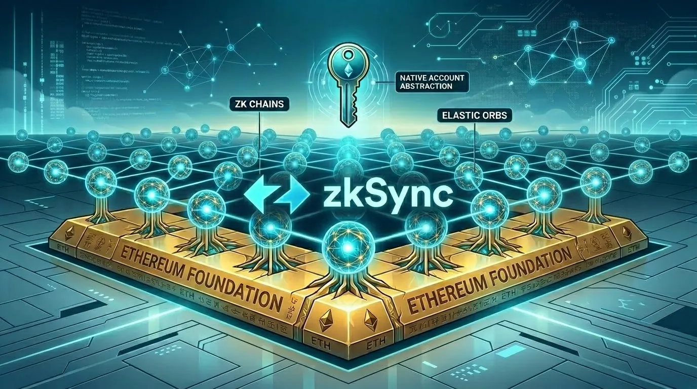 Visual representation of zkSync Era's Elastic Network and account abstraction in Ethereum, showcasing interconnected ZK Chains.